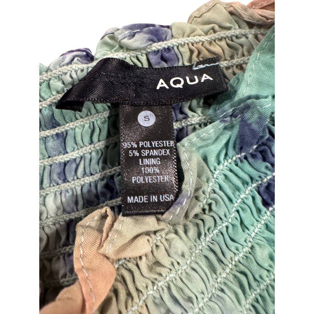 AQUA Tie Dye Maxi Dress Size Small Blue Green Smocked Ruffle Boho Side Slit - Picture 4 of 7